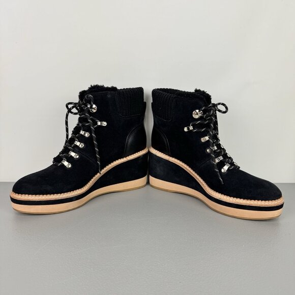 Kate Spade Willow Wedge Bootie Women 9.5B Black Platform Suede Leather Shearling - Picture 5 of 15
